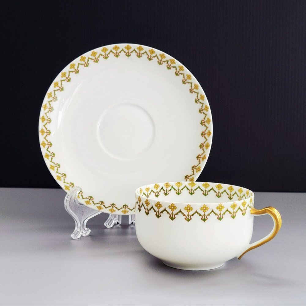 Vintage Haviland Teacup & Saucer Green & Yellow Floral, Limoges Schleiger 570d